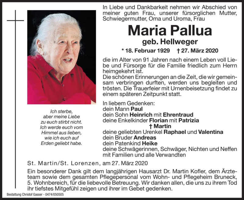  Traueranzeige für Maria Pallua vom 28.03.2020 aus Dolomiten