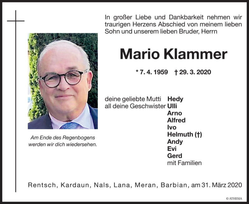  Traueranzeige für Mario Klammer vom 31.03.2020 aus Dolomiten