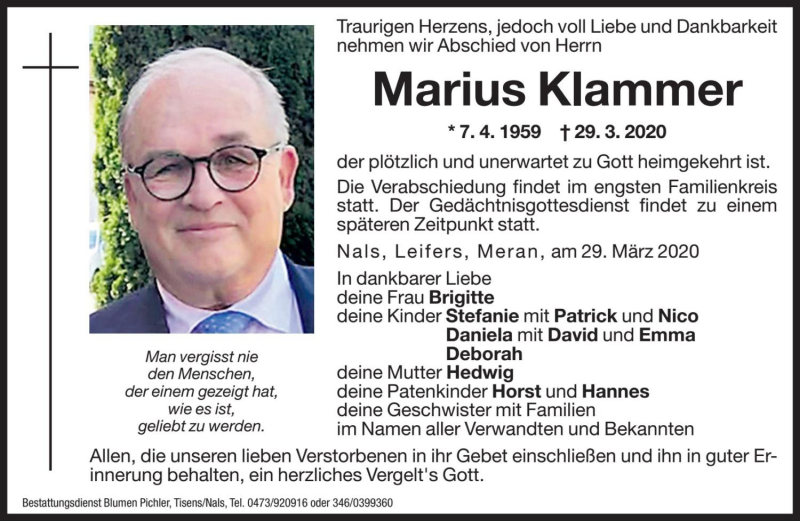  Traueranzeige für Marius Klammer vom 30.03.2020 aus Dolomiten