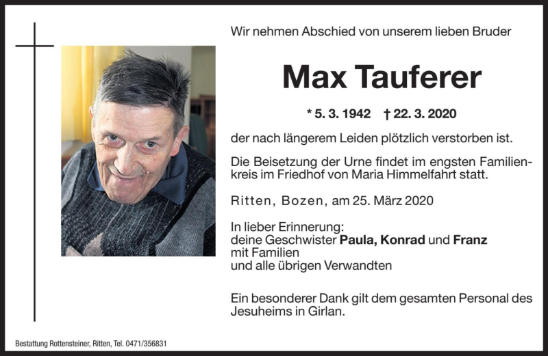  Traueranzeige für Max Tauferer vom 25.03.2020 aus Dolomiten
