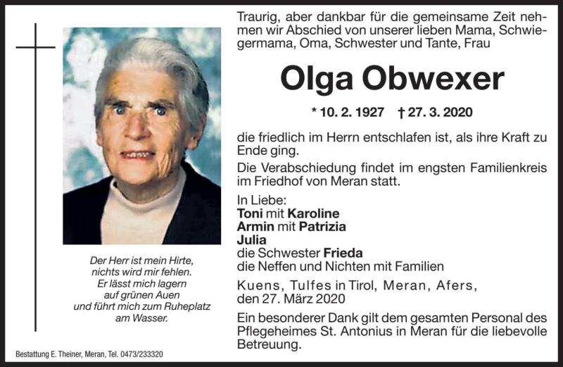  Traueranzeige für Olga Obwexer vom 30.03.2020 aus Dolomiten