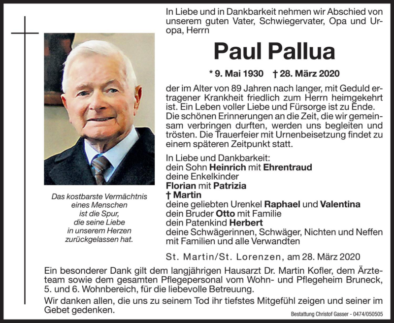  Traueranzeige für Paul Pallua vom 30.03.2020 aus Dolomiten