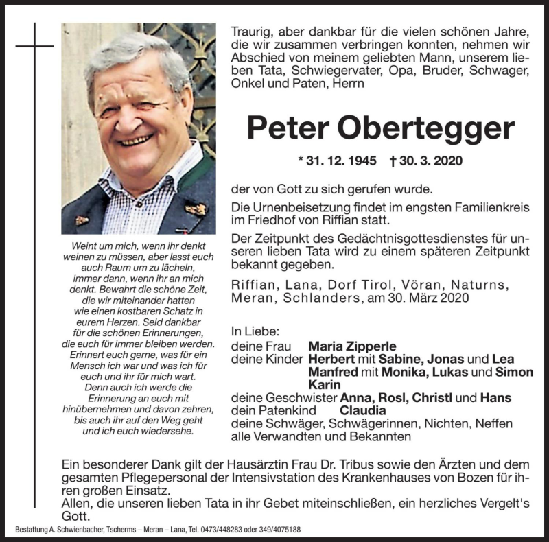  Traueranzeige für Peter Obertegger vom 31.03.2020 aus Dolomiten