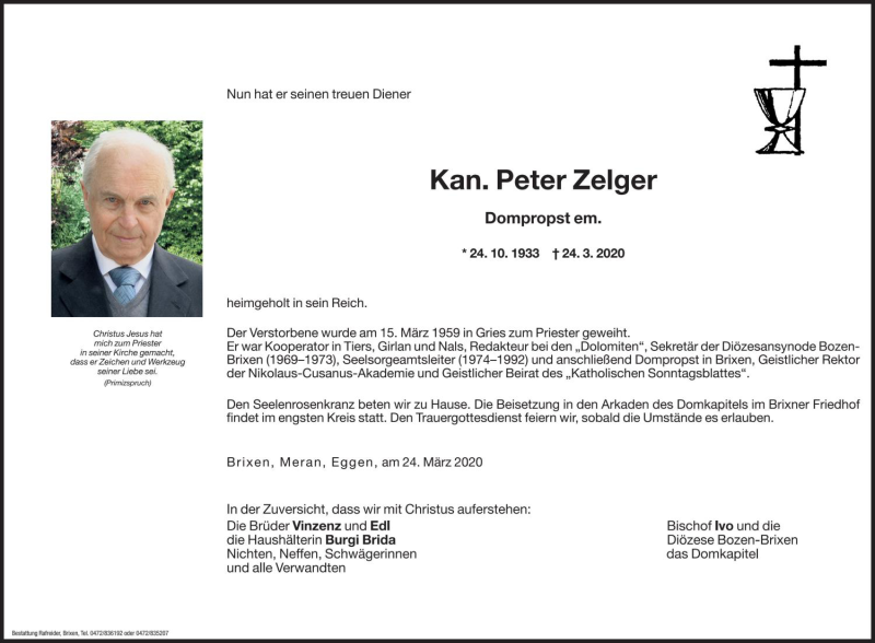  Traueranzeige für Peter Zelger vom 25.03.2020 aus Dolomiten