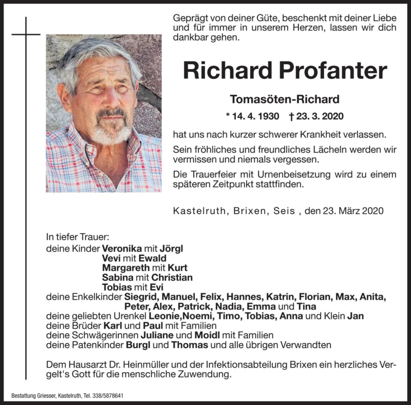  Traueranzeige für Richard Profanter vom 25.03.2020 aus Dolomiten