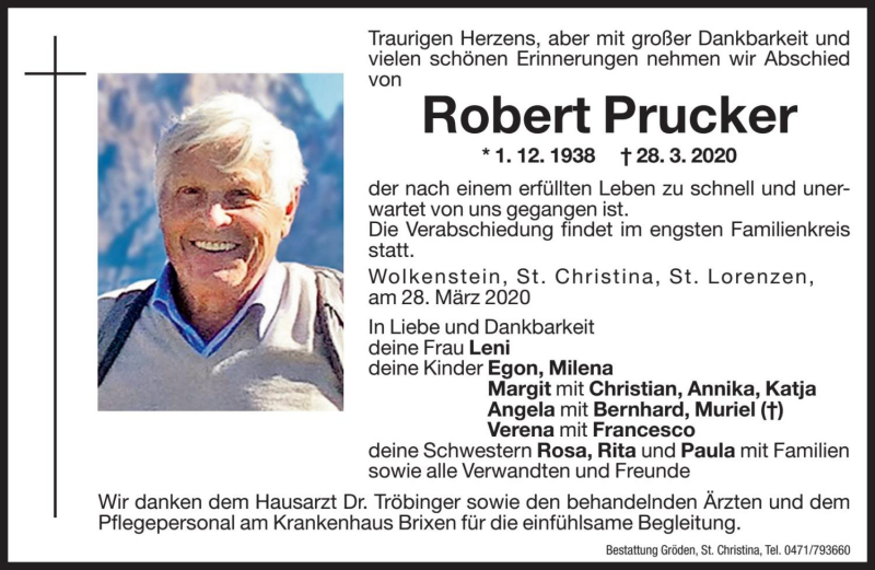  Traueranzeige für Robert Prucker vom 30.03.2020 aus Dolomiten