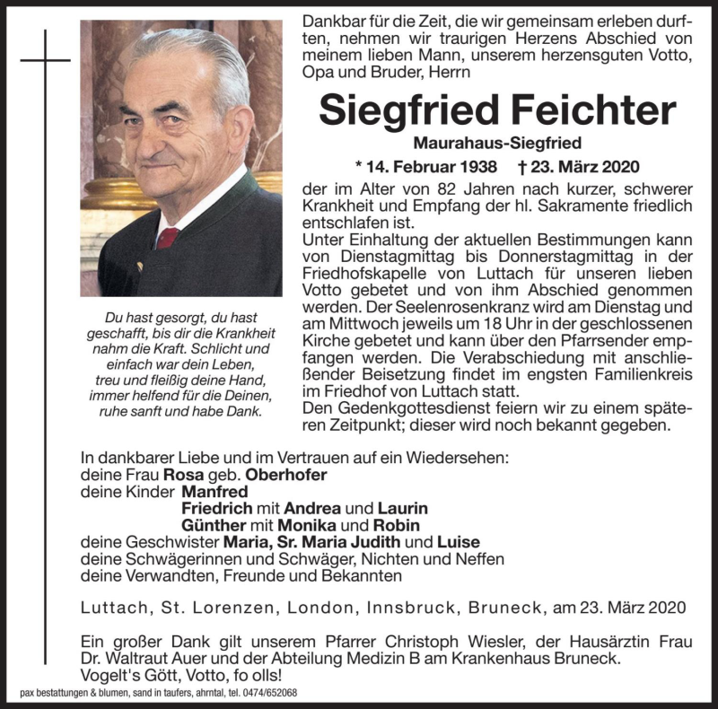  Traueranzeige für Siegfried Feichter vom 24.03.2020 aus Dolomiten