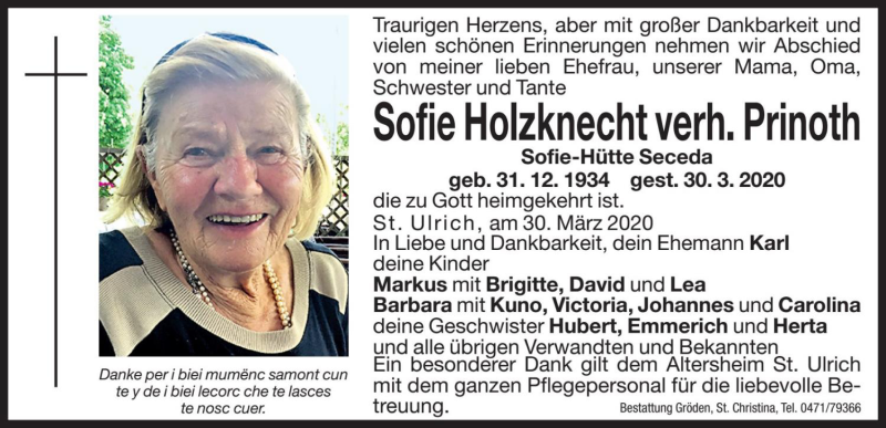  Traueranzeige für Sofie Prinoth vom 31.03.2020 aus Dolomiten