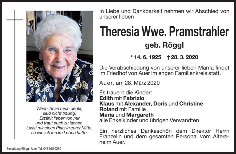  Traueranzeige für Theresia Pramstrahler  vom 30.03.2020 aus Dolomiten