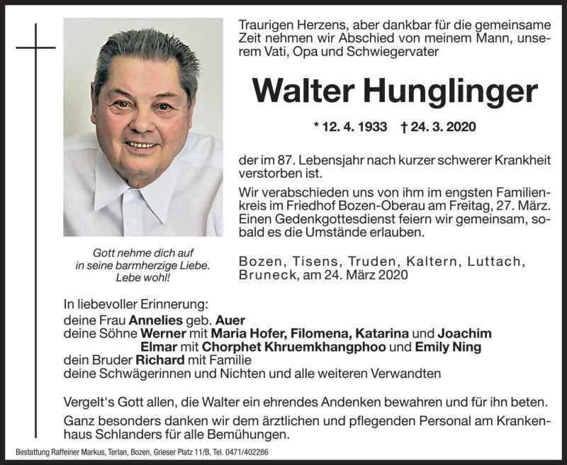 Traueranzeige für Walter Hunglinger vom 26.03.2020 aus Dolomiten
