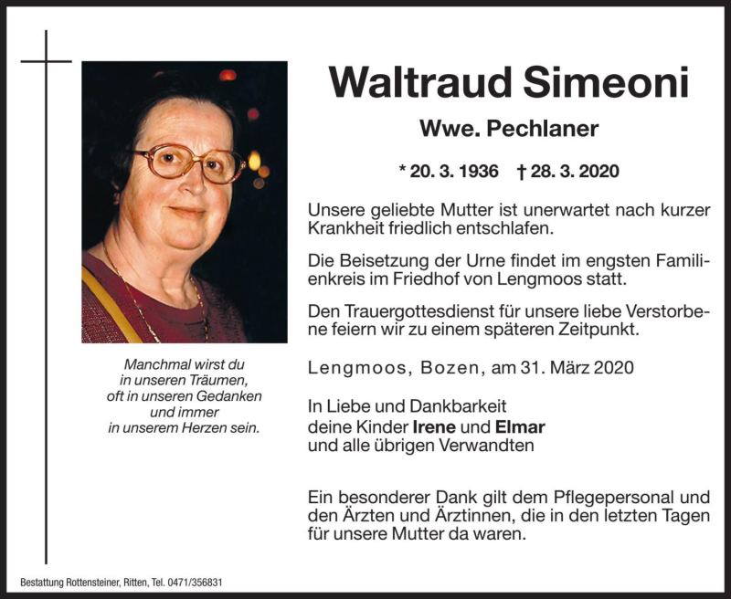  Traueranzeige für Waltraud Pechlaner vom 31.03.2020 aus Dolomiten