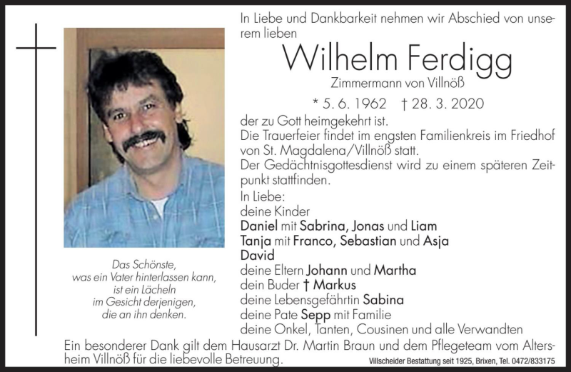  Traueranzeige für Wilhelm Ferdigg vom 30.03.2020 aus Dolomiten