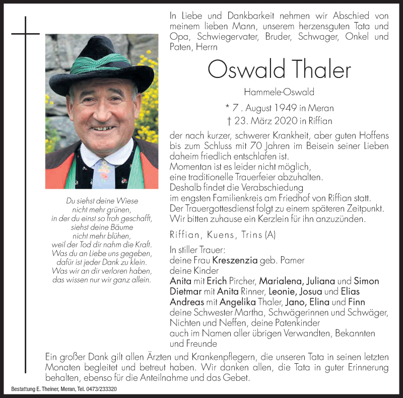  Traueranzeige für Oswald Thaler vom 25.03.2020 aus Dolomiten