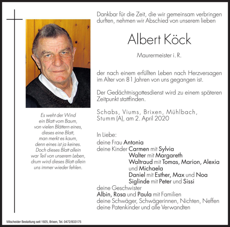  Traueranzeige für Albert Köck vom 03.04.2020 aus Dolomiten