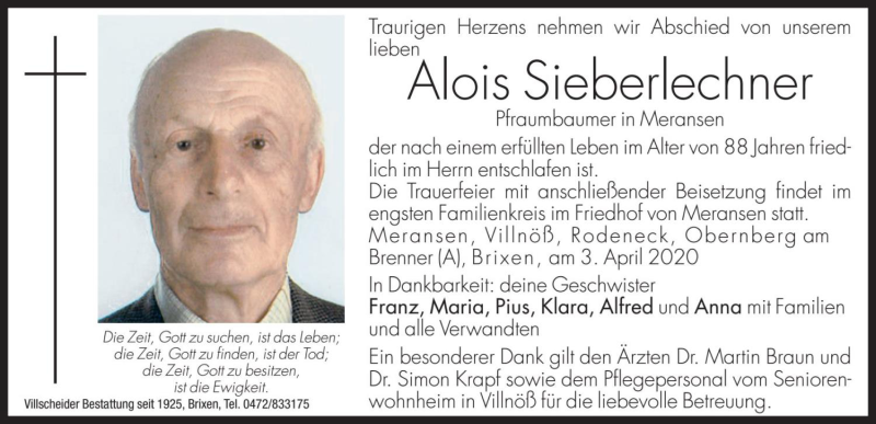  Traueranzeige für Alois Sieberlechner vom 06.04.2020 aus Dolomiten