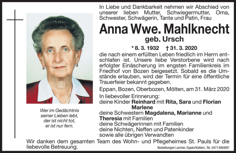  Traueranzeige für Anna Mahlknecht vom 02.04.2020 aus Dolomiten