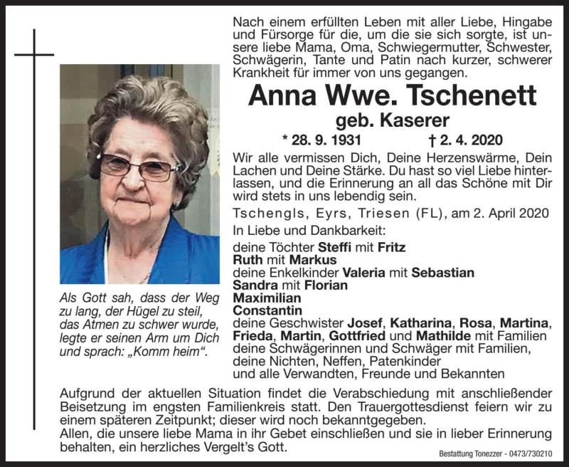  Traueranzeige für Anna Tschenett vom 04.04.2020 aus Dolomiten