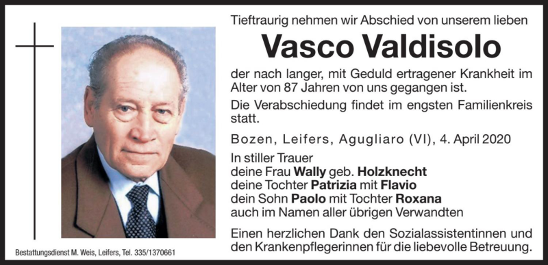 Traueranzeige für Vasco Valdisolo vom 06.04.2020 aus Dolomiten