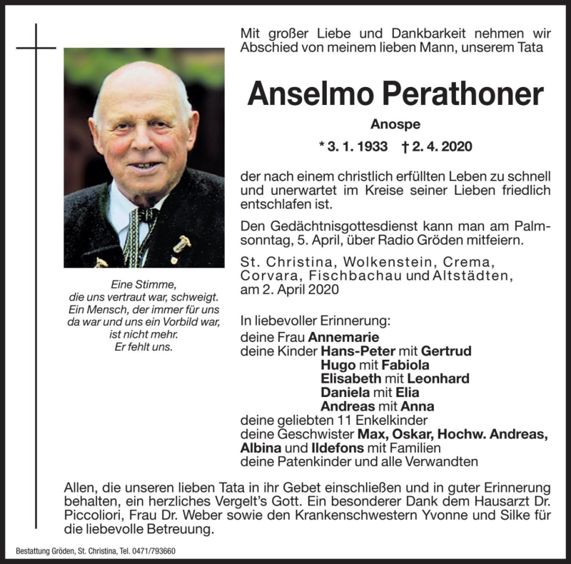  Traueranzeige für Anselmo Perathoner vom 03.04.2020 aus Dolomiten
