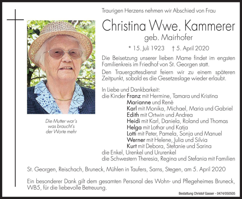  Traueranzeige für Christina Kammerer vom 06.04.2020 aus Dolomiten