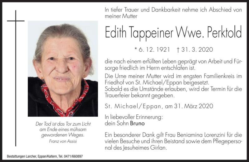  Traueranzeige für Edith Perktold vom 02.04.2020 aus Dolomiten