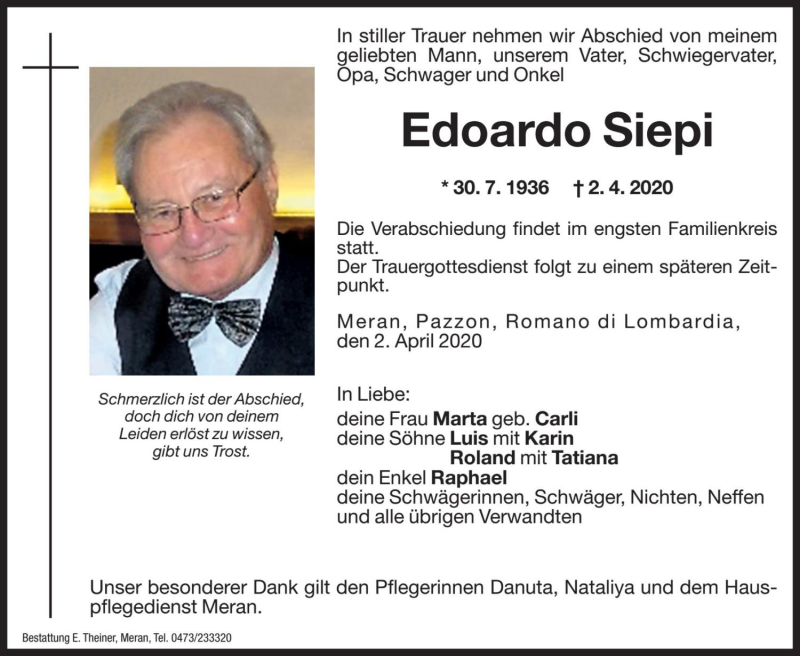  Traueranzeige für Edoardo Siepi vom 03.04.2020 aus Dolomiten