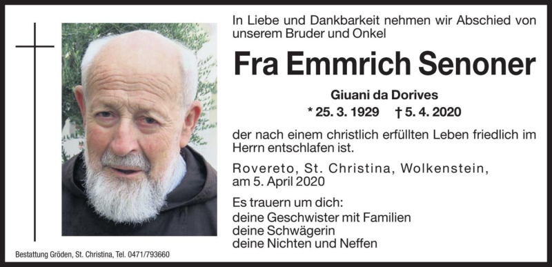  Traueranzeige für Emmrich Senoner vom 07.04.2020 aus Dolomiten