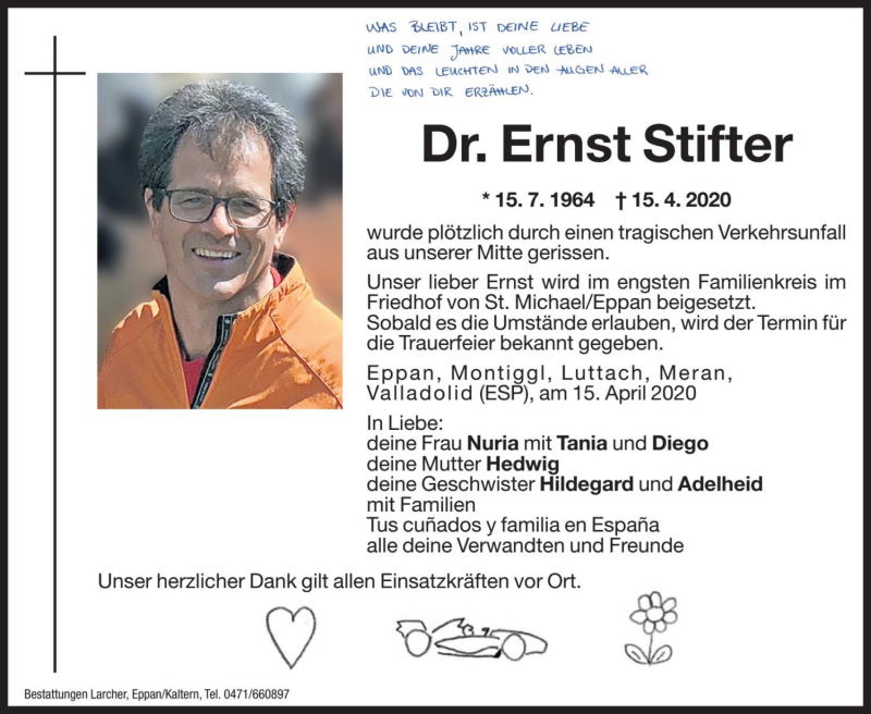  Traueranzeige für Ernst Stifter vom 17.04.2020 aus Dolomiten