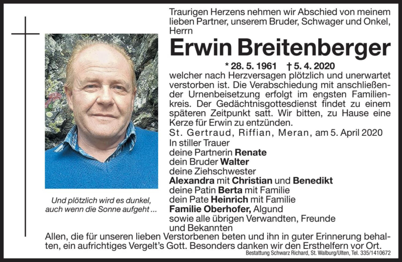  Traueranzeige für Erwin Breitenberger vom 07.04.2020 aus Dolomiten