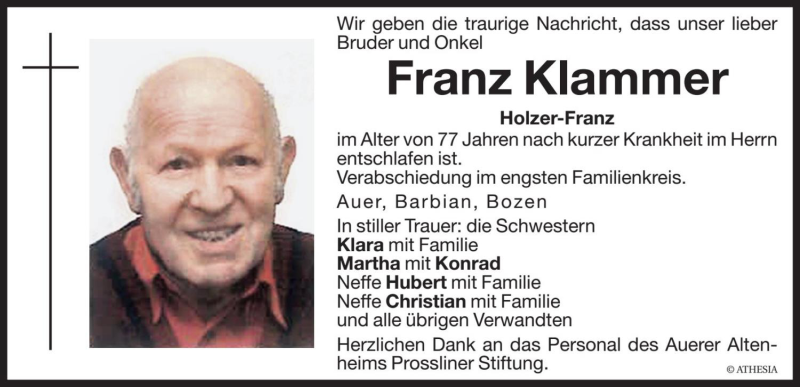  Traueranzeige für Franz Klammer vom 08.04.2020 aus Dolomiten