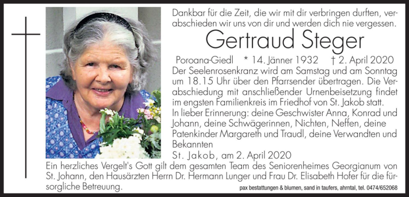  Traueranzeige für Gertraud Steger vom 04.04.2020 aus Dolomiten