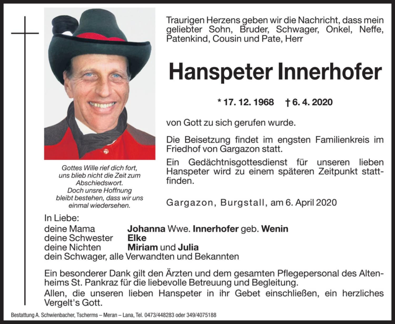  Traueranzeige für Hanspeter Innerhofer vom 07.04.2020 aus Dolomiten