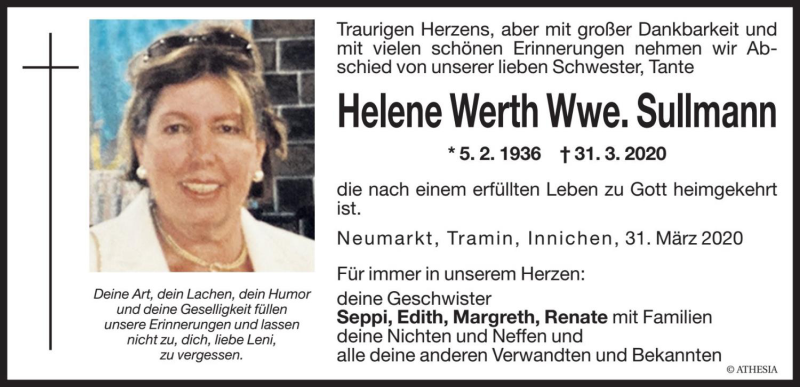  Traueranzeige für Helene Sullmann vom 01.04.2020 aus Dolomiten
