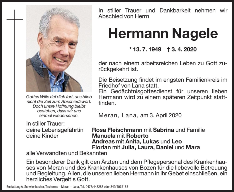  Traueranzeige für Hermann Nagele vom 07.04.2020 aus Dolomiten