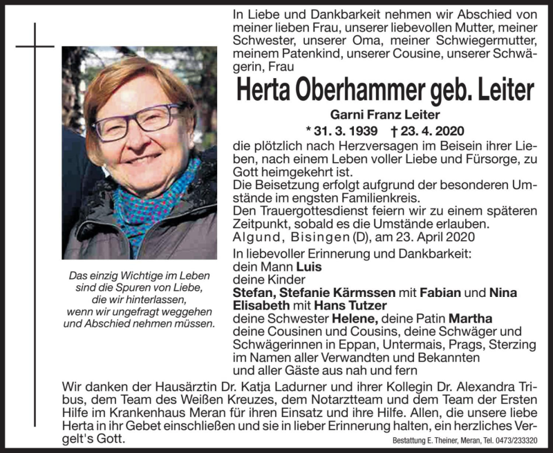 Traueranzeige für Herta Oberhammer vom 27.04.2020 aus Dolomiten