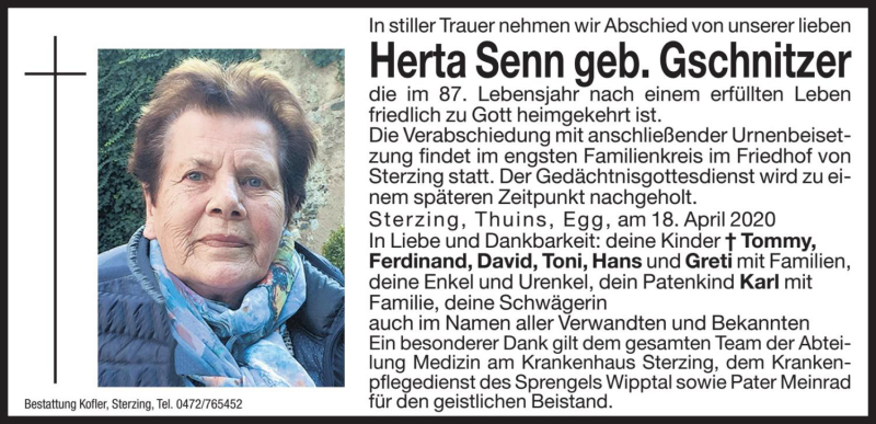  Traueranzeige für Herta Senn vom 20.04.2020 aus Dolomiten