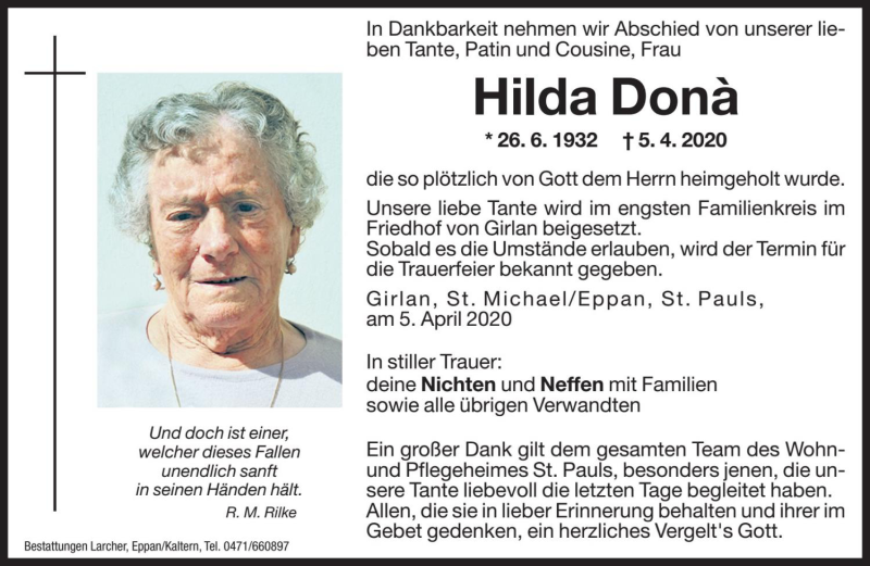  Traueranzeige für Hilda Donà  vom 06.04.2020 aus Dolomiten