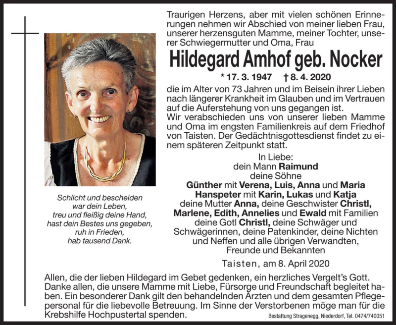  Traueranzeige für Hildegard Amhof vom 09.04.2020 aus Dolomiten