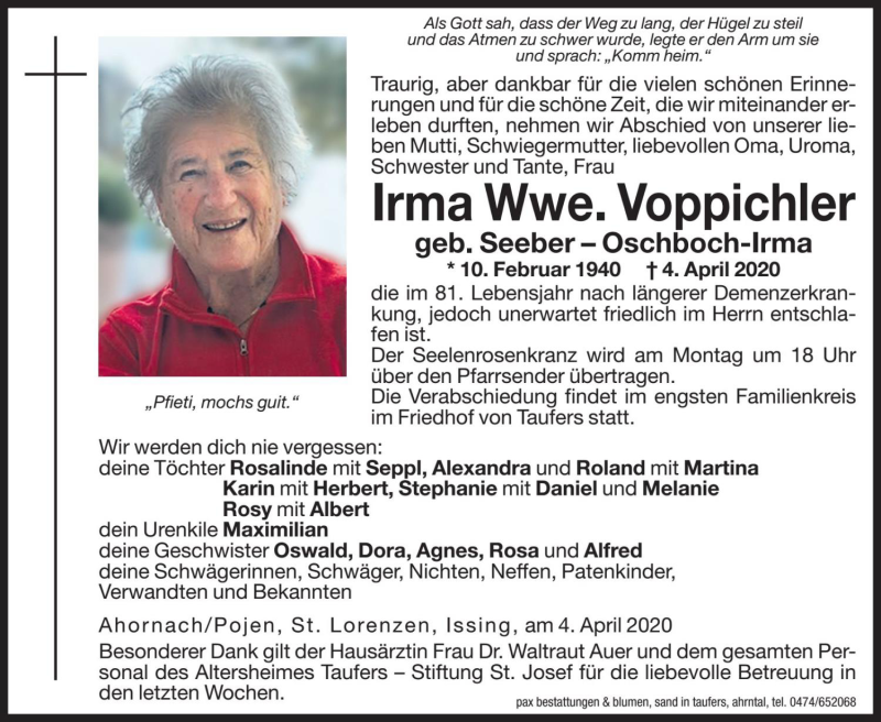 Traueranzeige für Irma Voppichler vom 06.04.2020 aus Dolomiten