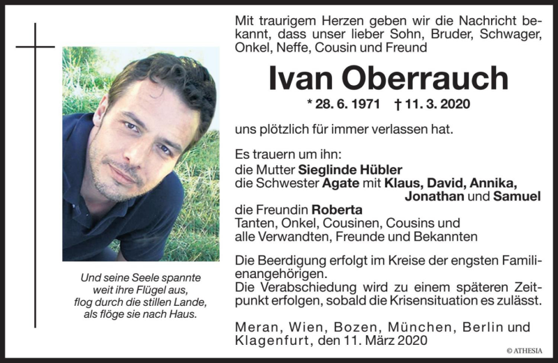  Traueranzeige für Ivan Oberrauch vom 02.04.2020 aus Dolomiten
