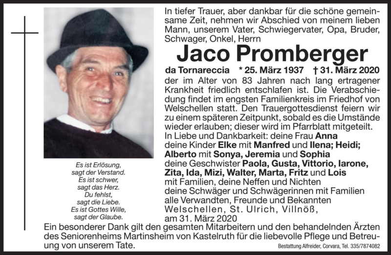  Traueranzeige für Jaco Promberger vom 02.04.2020 aus Dolomiten