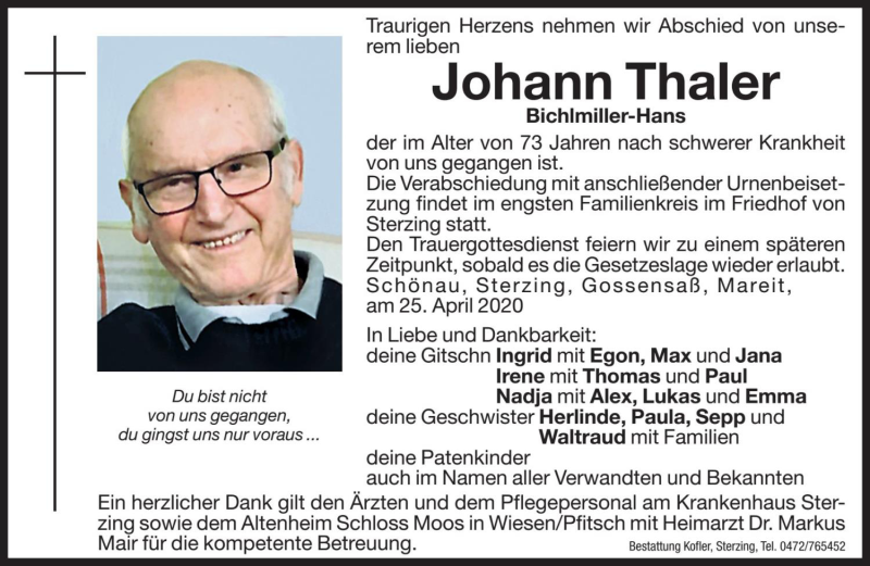  Traueranzeige für Johann Thaler vom 27.04.2020 aus Dolomiten