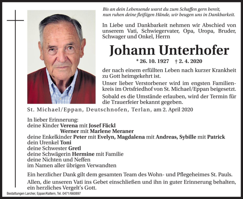  Traueranzeige für Johann Unterhofer vom 04.04.2020 aus Dolomiten
