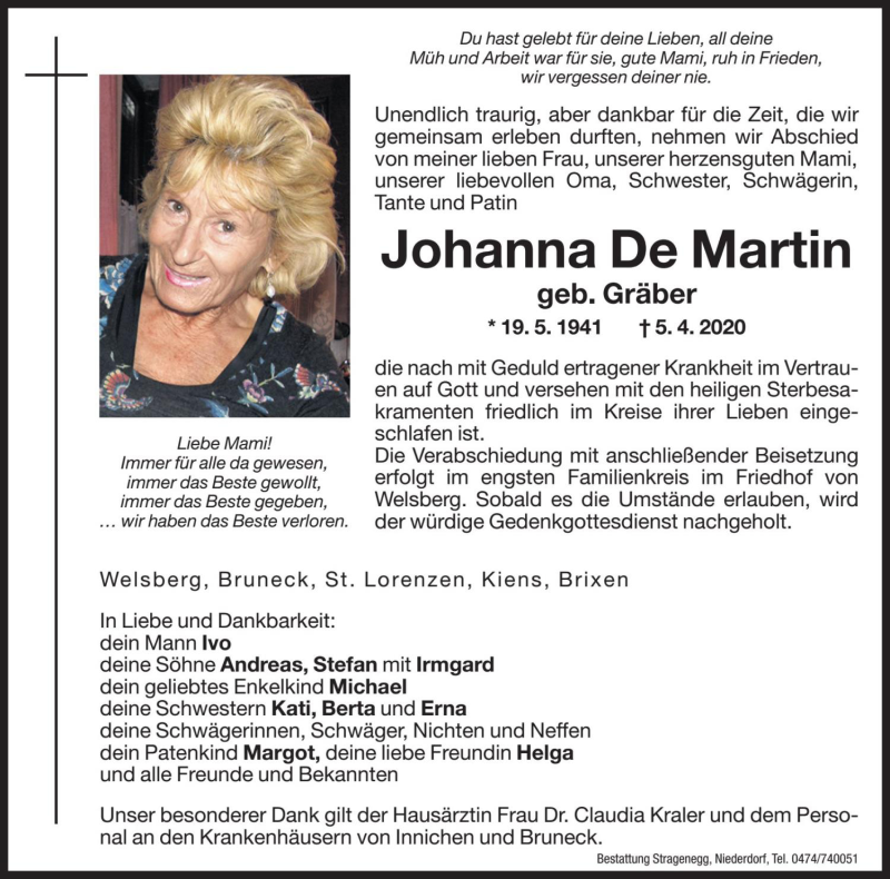  Traueranzeige für Johanna De Martin vom 06.04.2020 aus Dolomiten