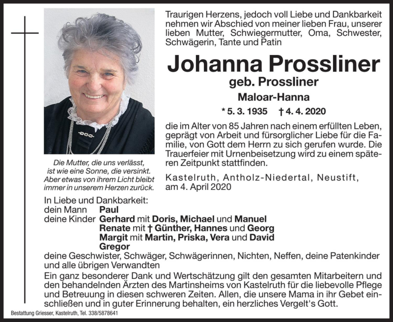  Traueranzeige für Johanna Prossliner vom 06.04.2020 aus Dolomiten