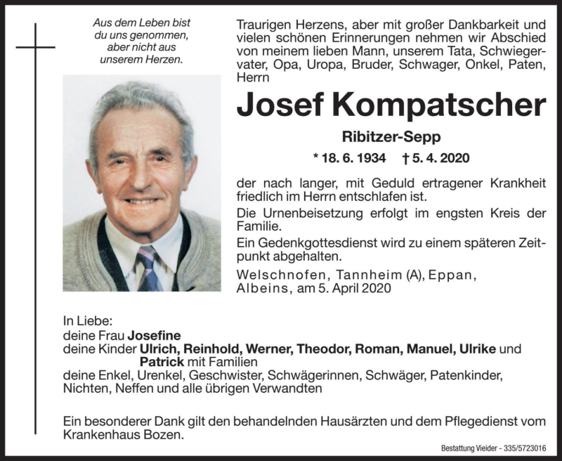  Traueranzeige für Josef Kompatscher vom 08.04.2020 aus Dolomiten