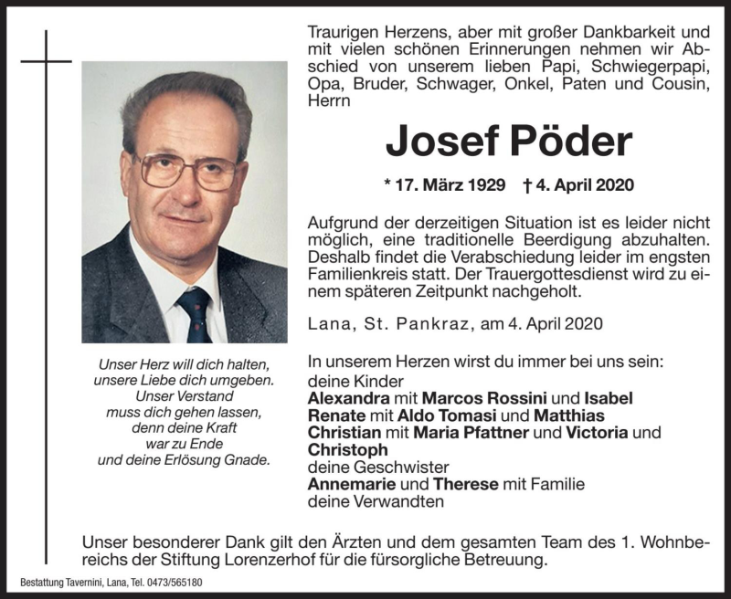  Traueranzeige für Josef Pöder vom 06.04.2020 aus Dolomiten