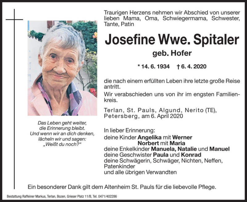  Traueranzeige für Josefine Spitaler vom 08.04.2020 aus Dolomiten