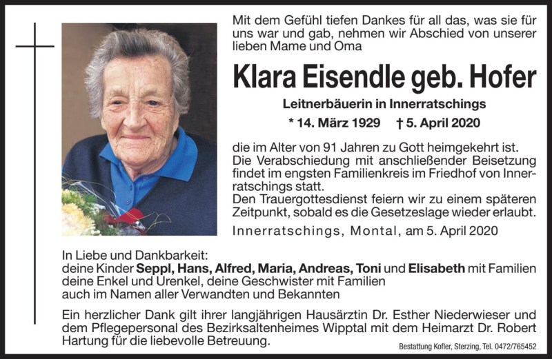  Traueranzeige für Klara Eisendle  vom 06.04.2020 aus Dolomiten