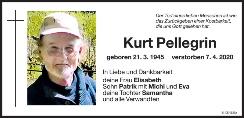  Traueranzeige für Kurt Pellegrin vom 09.04.2020 aus Dolomiten